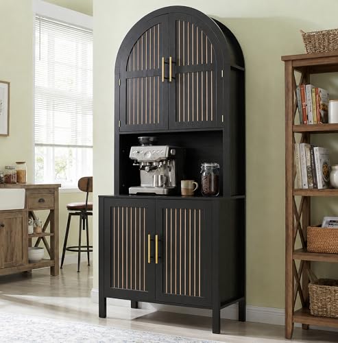 Image of 76 inch Tall Arched Kitchen Pantry,Large Storage Cupboard with Fluted Doors,Microwave Shelf,Modern Wooden Buffet Sideboard,Adjustable Shelves,Cabinet for Dining,Living Room,Black