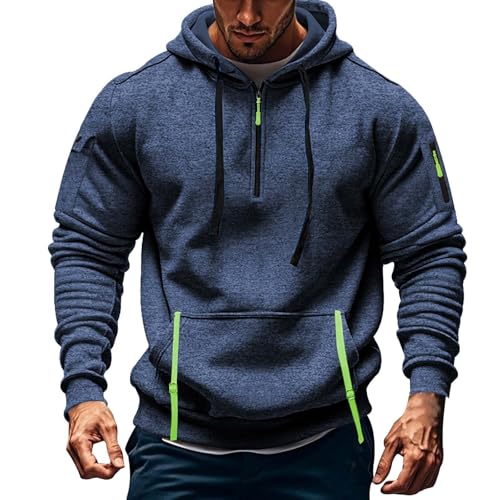 Quarter Zip Tactical Hoodies for Men Vintage Casual Fleece Lined Cargo Hooded Sweatshirts Thick Warm Winter Pullover