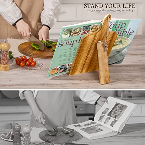 PUERSI Recipe Book Stand, Wooden Cookbook Stands for Kitchen Adjustable Cook Book Display Holder - Brown - Image 2