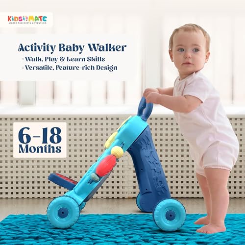 Image of Kidsmate Baby Activity Walker | Push Walker for Babies 6-18 Months | Foldable Musical Baby Walker with Toy Bar | Safe & Non-Toxic Design for Baby Development & Learning Toddler Toys - Blue
