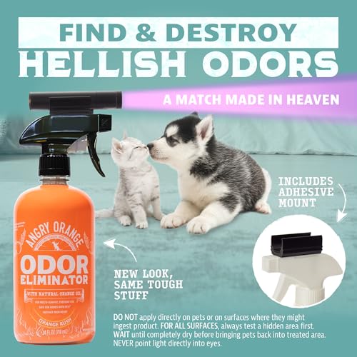 Image of ANGRY ORANGE Pet Odor Eliminator Kit for Dog /Cat Urine, 24oz Citrus Odor Eliminator Spray and Stain Sniper Flashlight - NEW Orange Rush Scent