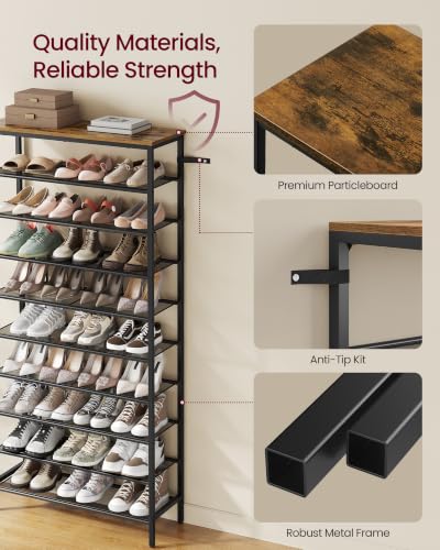 Image of VASAGLE Shoe Rack with 9 Mesh Shelves and 1 Large Top for Bags, Steel Frame | Shoe Organizer for Closet, Entryway Hallway, Industrial, Rustic Brown and Black, DACEY Collection ULBS113KD01