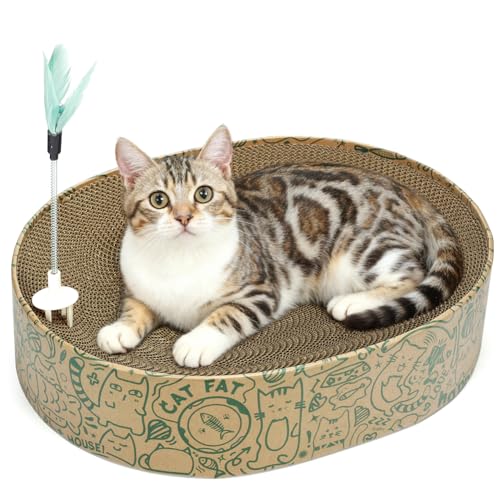 Image of Cat Scratcher Cardboard 2in1 Oval Cat Scratcher Bed for Indoor Cats Cat Scratch Pad Bowl with Scratching Toy Corrugated Lounge Bed&Furniture Protector &Training Toy XL(Green)