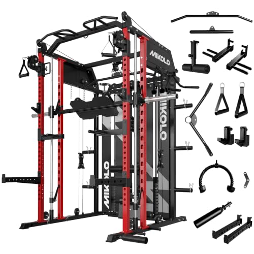 Image of Mikolo Smith Machine with Weight Stack, Power Cage Home Gym System with LAT Pulldown & Cable Crossover, Multi-Functional Trainer with Dual Pulley System, Includes 10+ Free Attachments