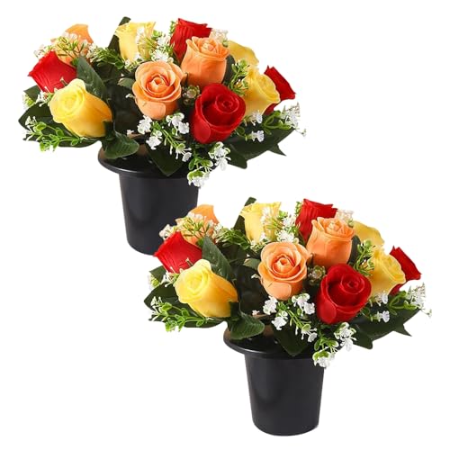 JOAASU Artificial Flowers For Graves, 2 Pcs Grave Flower In Pot with 12 Head Roses, Artificial Graves Flowers Pots, Artificial Flower for Cemetery, Memorial, Christmas Grave Decorations (Yellow)