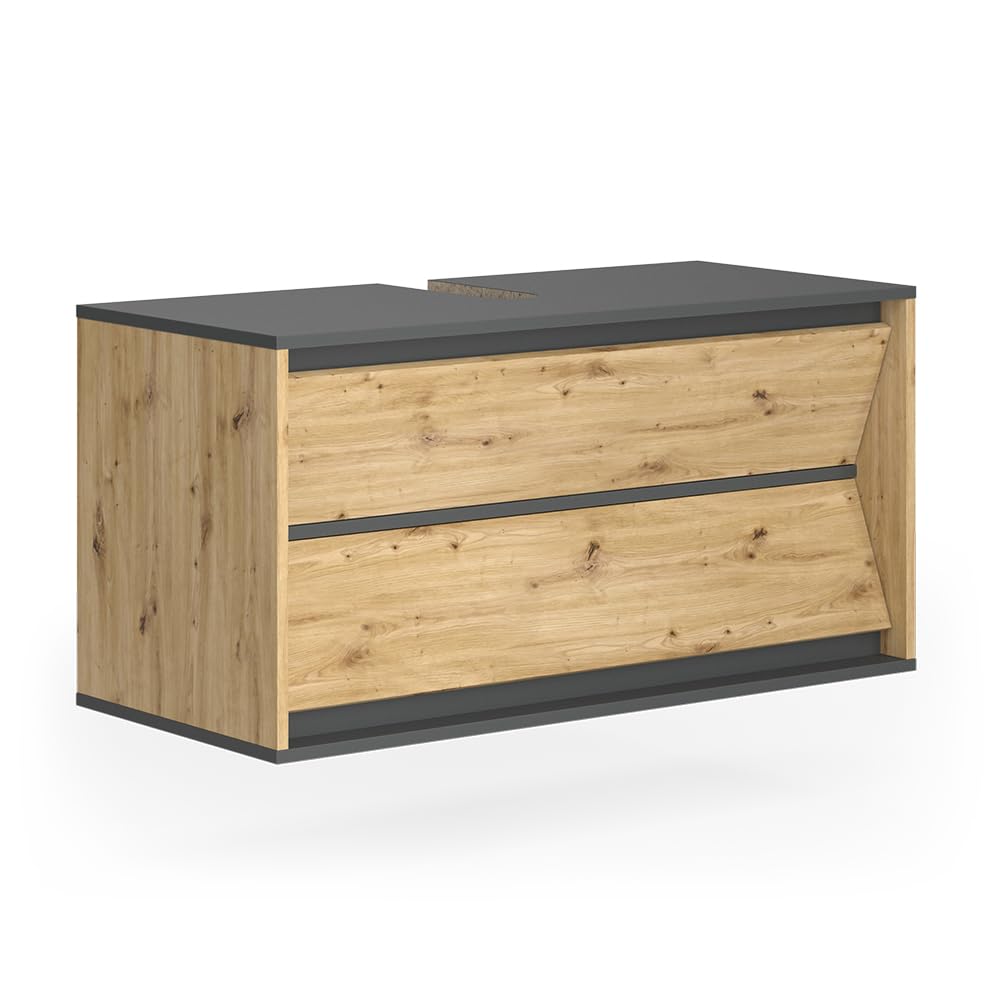 Vicco Meuble sous Vasque Simple Edelin, Anthracite/Artisan, 100x50cm | avec 2 tiroirs, pour montage mural et compatible avec siphons standards