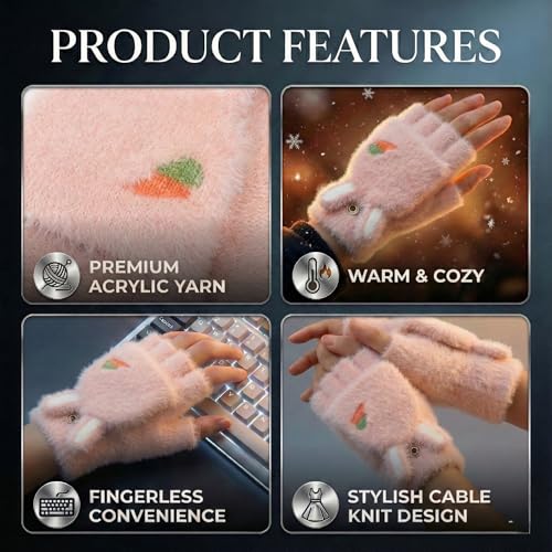 Image of Kraptick Cute Bunny Winter Gloves for Women & Girls - Fluffy Convertible Flip Top Mittens - Warm Fingerless Knitted Woolen Hand Warmer with Button Flap for Typing & Driving (Free Size, Pink)-5