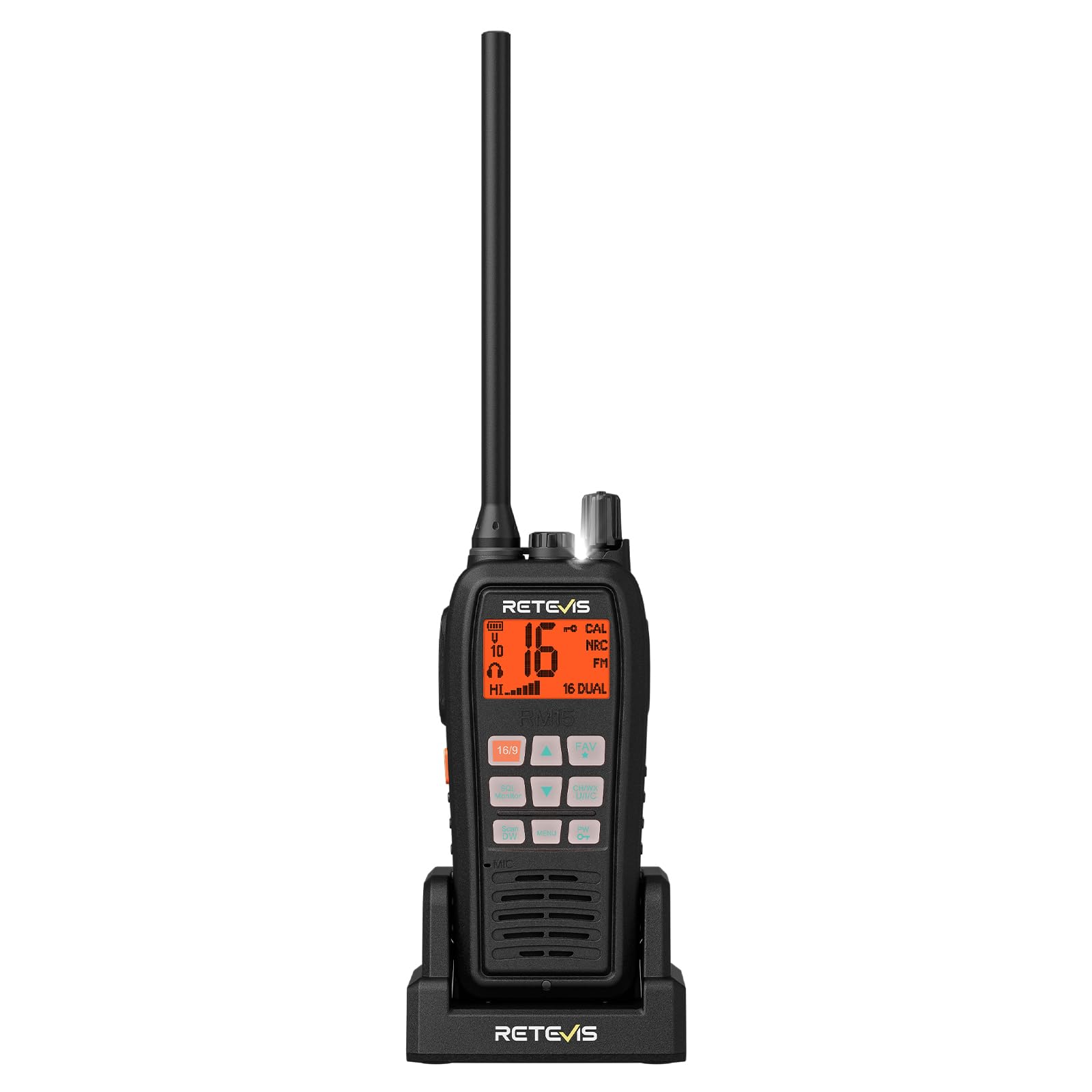 Retevis RM15 VHF Marino Portatil, Walkie Talkie Marino IP68, 2000 mAh Batería, Pantalla Bicolor, Canales Marinos Internacionales, Emisora VHF Radio con Altavoz para Embarcaciones (1 Pieza)