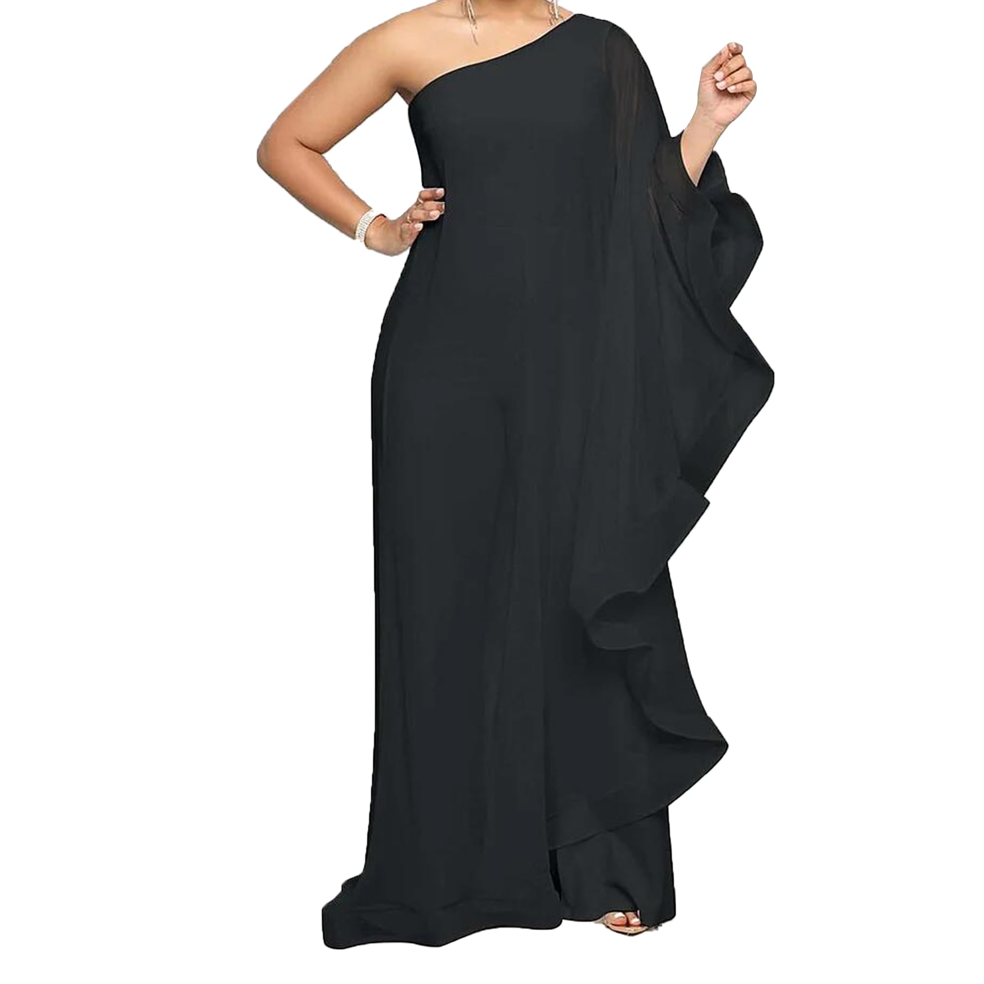 Lyaheima Sexy Jumpsuits for Women One Shoulder Ruffle Patchwork Elastic Wide Leg Long Pants Elegant Jumpsuit Rompers
