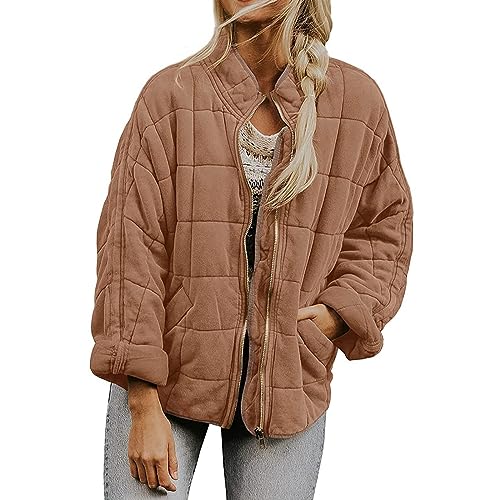 Quilted Jackets for Women Lightweight Puffer Zip Up Coats Winter Warm Bomber Jacket Oversized Outerwear with Pockets