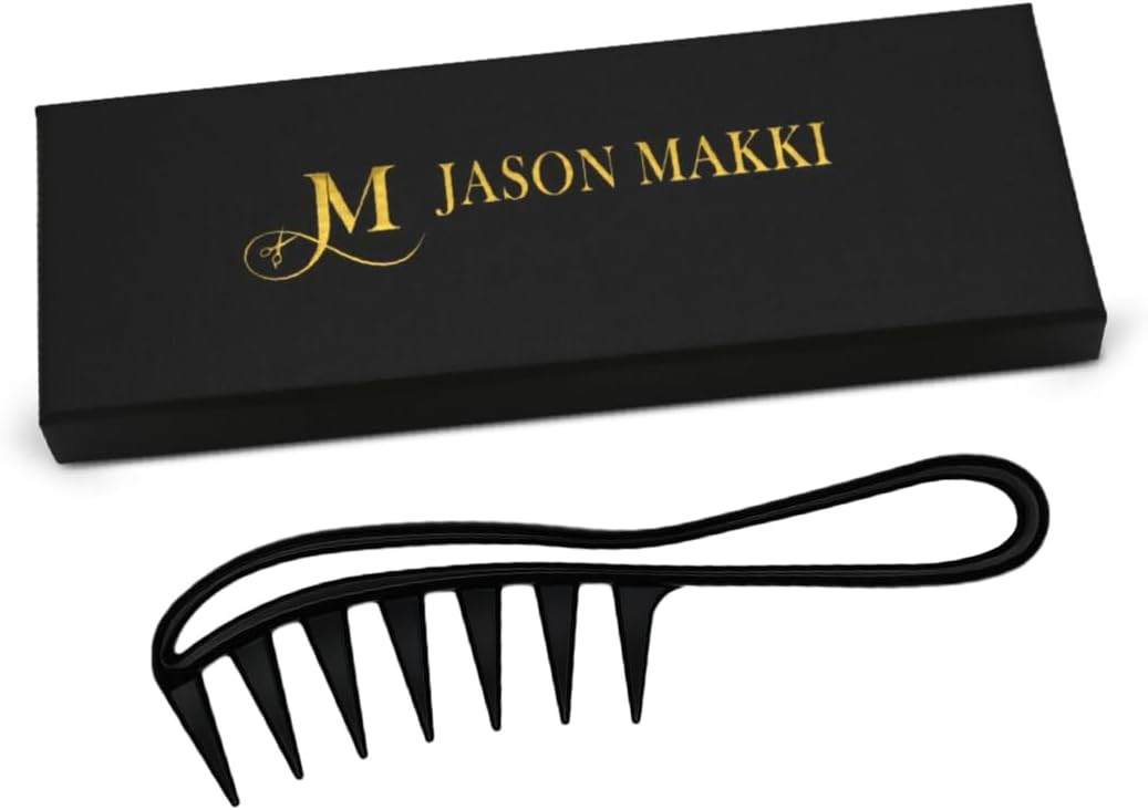 JASON MAKKI Wide Tooth Hair Comb โ Professional Detangling Comb for Men & Women โ Durable Barber & Salon Styling Tool โ Large Teeth, Anti-Static โ Premium Packaging (Black)