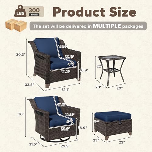 Image of 7 Piece Patio Furniture Set, Wicker Outdoor Conversation Set | Patio Chair Set with Olefin Removable Cushion, All-Weather Glider Swivel Chair Set with Deep Seat for Porch, Deck, Blue