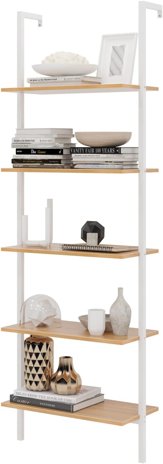 DlandHome Industrial Wall Mount Iron Pipe Shelving Theo 5-Shelf Wood Ladder Bookcase with Metal Frame