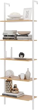DlandHome Industrial Wall Mount Iron Pipe Shelving Theo 5-Shelf Wood Ladder Bookcase with Metal Frame