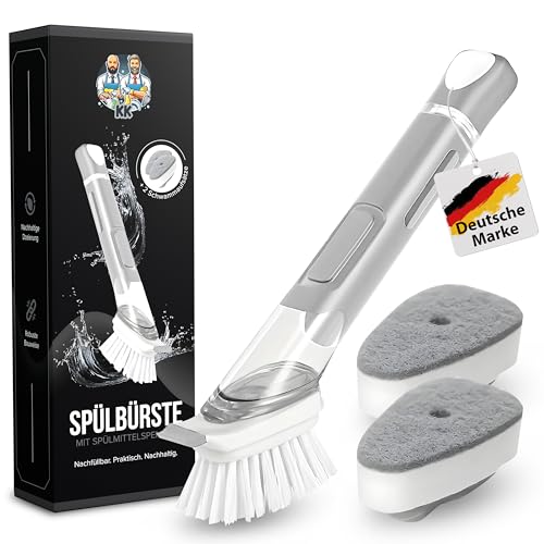 Washing Up Brush with Detergent Dispenser, Grey, Kitchen Brush, Dish Brush, Washing Up Brush, Can Be Filled with Detergent, Washing Up Brush, Black, Set, Sponge, Pot, Pan (Grey)