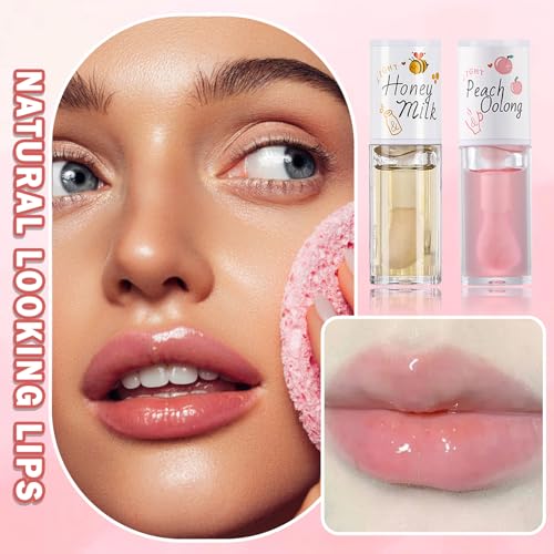 QIUFSSE 2 PCS Hydrating Clear Lip Oil Jelly Honey Lip Gloss - Korean, Big Brush Lip Oil, Plumping, Fresh Texture, Long-lasting Nourishing Lip Oils - Thumbnail 7