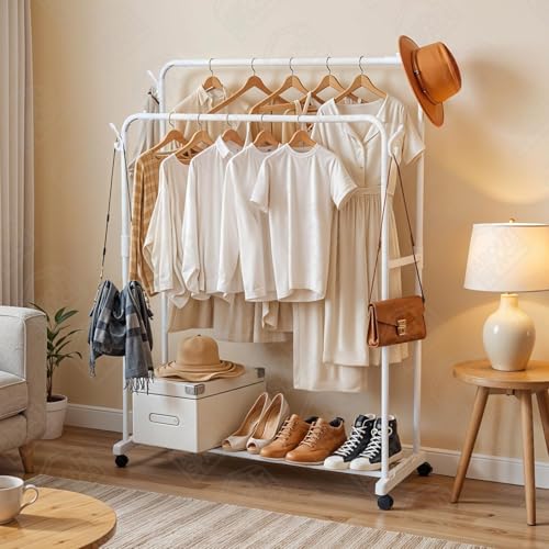 Image of Wings Star Double Pole 2 Layer Bars Cloth Stand - Freestanding Metal Garment Rack with Bottom Storage, Side Hooks & Caster Wheels - Cloth Rack for Bedroom Living Room (White L110.5 x B45 x H 149.5cm)