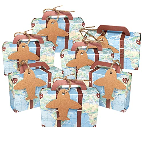 Hodeacc 50 Stück Mini-Koffer, Reisemottoparty, Süßigkeitenschachteln, Vintage-Kraft-Boxen mit Etiketten und Jute-Bindfaden, Hochzeitsgeschenk, Brautparty, Party-Dekoration Cover