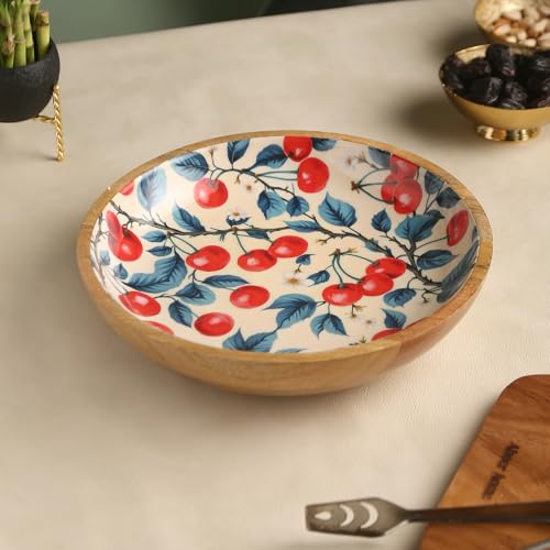 Image of Premium Wooden Bowl with Spoons -Cherry Design| Wooden Serving Bowl | Wooden Bowl | Wooden Sticker Bowl (12x12x3 Inch)