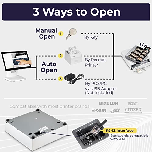 13" Cash Register Drawer For Point Of Sale (Pos) System With Fully Removable 2 Tier Cash Tray, 4 Bill/5 Coin, 24V, Rj11/Rj12 Key-Lock, Double Media Slot, Small Square Money Drawer, White #TOP3