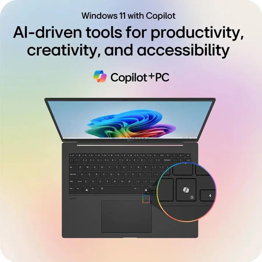 LG gram laptop displaying Windows 11 with Copilot, highlighting AI-driven tools for productivity.