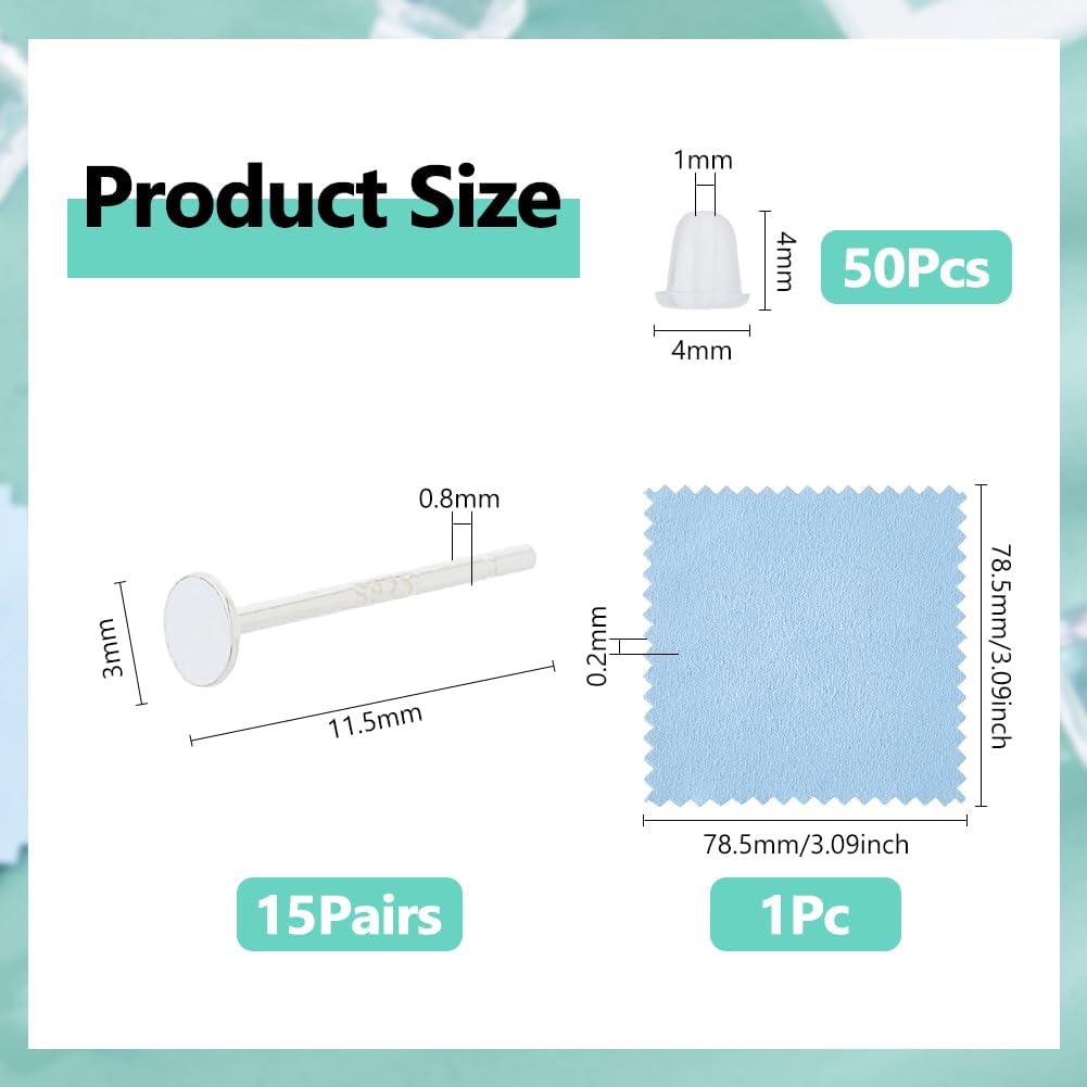 DICOSMETIC 15 Pairs 925 Sterling Silver Earrings Posts Flat Pad Earring Studs 3mm Silver Earring Pads Blanks Earring Pin with 50Pcs Ear Nuts and 1Pc Polishing Cloth for Jewelry Making