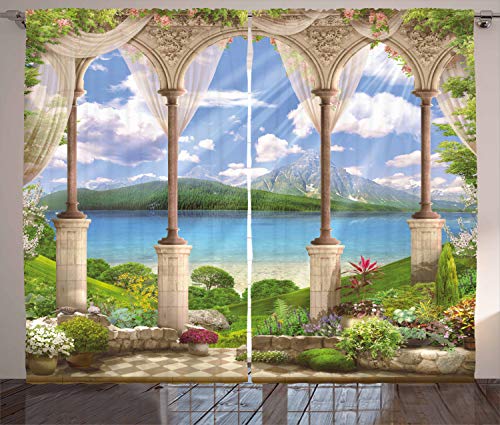 Ambesonne Italian Curtains, Old Stone Arch View The Sea Balcony Fresco Garden Plants Art, Living Room Bedroom Window Drapes 2 Panel Set, 108" X 84", Fern Green #TOP15