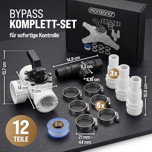 MONZANA® Bypass Set Pool 12-teilig 3 Wege Ventil Anschluss Ø 32/38mm Schlauchschellen Sandfilteranlagen Poolheizung Wärmepumpe Solarheizung