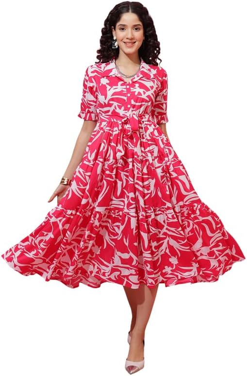 Sheetal Associates Women's Pink & White Floral Fit & Flare Midi Dress | Comfortable Relaxed Fit Summer Dress