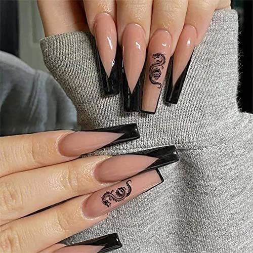 24 Pcs Glossy Press on Nails, Luvehandicraft Long Coffin Fake Nails, Glue on Nails Coffin, False Nails with Glue for Women and Girls (Nude Black French), 28 Piece Set