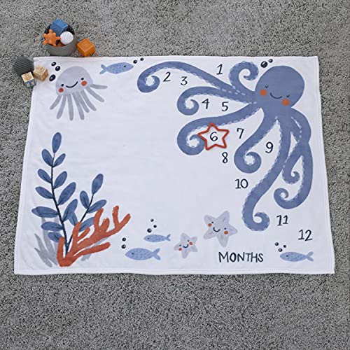Image of Little Love by NoJo Under The Sea Blue, Grey, and Orange Octopus, Fish and Starfish Super Soft Photo Op Milestone Baby Blanket