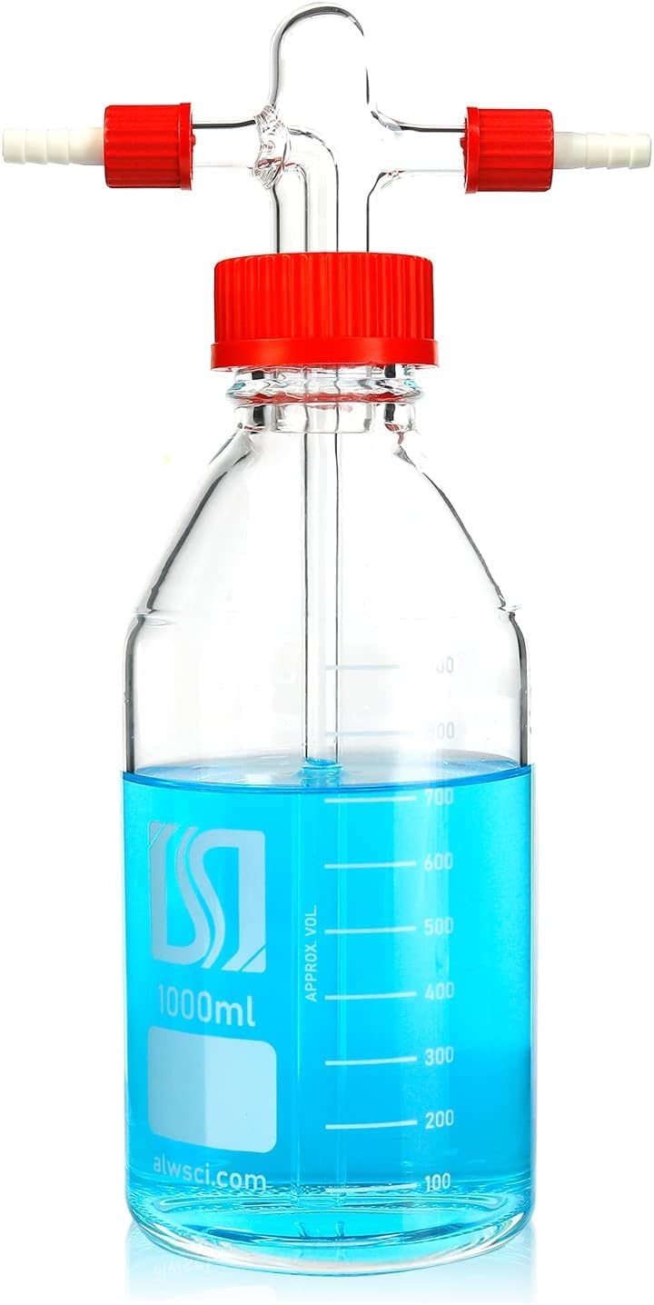 ALWSCI Bottiglia di Lavaggio dei Gas da Laboratorio, Bottiglia Graduata del Laboratorio con GL45 Tappo a Vite Rosso del Polipropilene GL45, 1Set