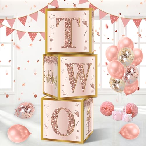 Image of Guiruiy 3Pcs 2nd Birthday Boxes Decorations for Girls - Pink Rose Gold Two Sweet Birthday Balloon Boxes Party Supplies, Two Years Old Girl Bday Theme Cardboard Gift Box Decor