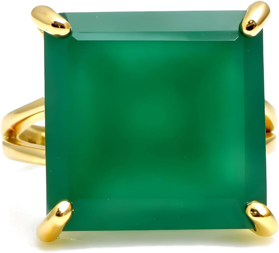 Green Onyx Ring - 16mm Square May Birthstone Gold Ring - Lovely Stone, Statement, Fashion Rings for Her - Customizable Jewelry for Women