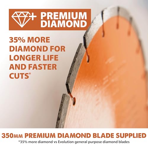 Evolution Power Tools R350DCT Betonsäge, Trennschleifer, zum Schneiden von Beton, Stein, Ziegel, Dachziegel & mehr, 350 mm elektrische Trennscheibe, Premium-Diamantblatt, 350 mm, 2700W