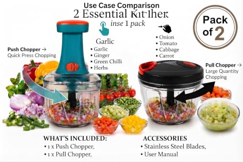 Image of Vegetable Chopper | Manual Food Chopper with Stainless Steel Blades | Onion Cutter, Garlic Cutter, Chilli Cutter (Multicolore, L m)