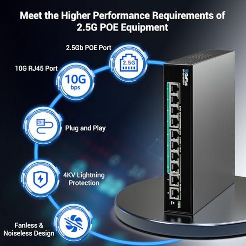 Image of 10-Port 10Gb Unmanaged PoE Ethernet Switch with 8*2.5G Base-T PoE Ports, 2*10G RJ45 Ports. 80Gbps Switching Capacity, GiGaPlus 10Gbps Network Switch for 2.5G /10Gbps NAS /PC, WiFi6 Router, Wireless AP