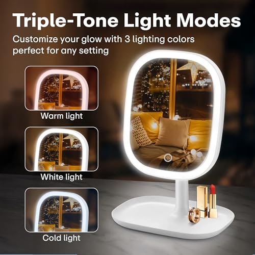 Image of PRIME PICK Makeup Mirror with LED Light, 360 Rotating, Lightweight Vanity Mirror - White, Suitable for Home, Travel, or Multipurpose Use