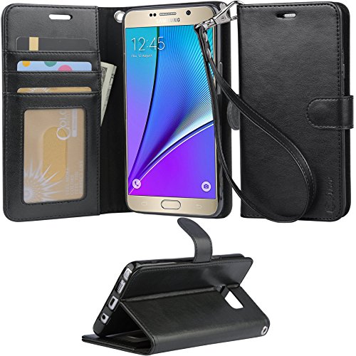 Note 5 Case, Arae Galaxy Note 5 Wallet case,[Wrist Strap] Flip Folio [Kickstand Feature] PU Leather Wallet case with ID&Credit Card Pockets for Galaxy Note 5 - Black