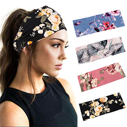 Reetan Boho Headbands Criss Cross Hair Bands Wide Yoga Head Wraps Elastic Sweat Headwear Floral Outdoor Head Bands for Women and Girls（Pack of 4) (Type5)