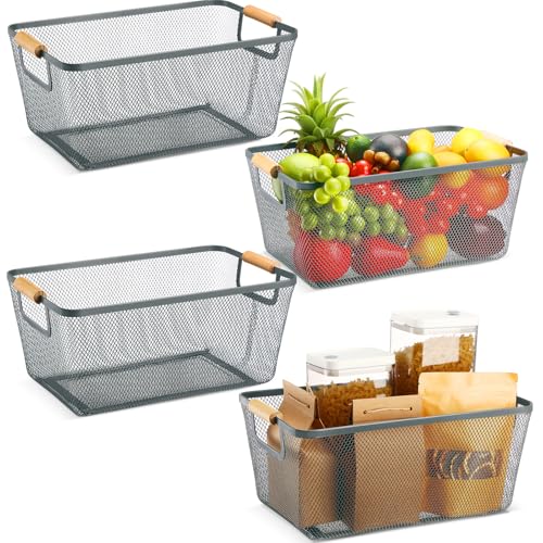 Ziliny 4 Pcs Metal Wire Basket with Wooden Handles Mesh