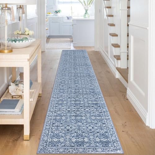 2.6x16 Blue Washable Runner Rug for Kitchen, Soft Classic Runners with Non-Slip, Non-Shedding Distressed Floral Rug for Hallways Entryway Bedroom Bathroom Laundry Indoor