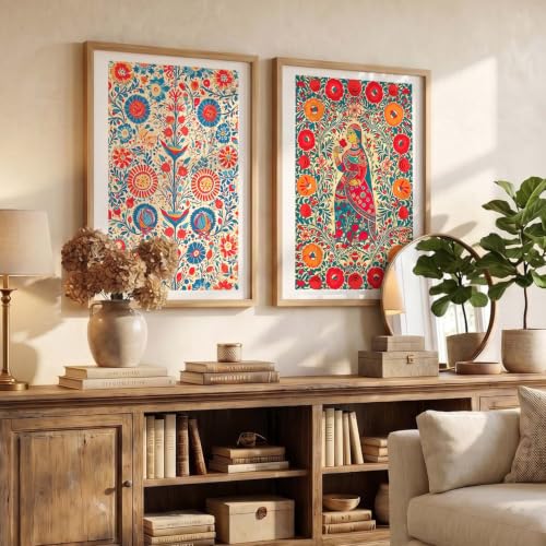 Image of kotart Premium Madhubani Folk Art Wall Art Set of 2 | Traditional Indian Woman & Floral Pattern Painting | MDF Wooden Framed Home Decor (3, 14x20 Inch)