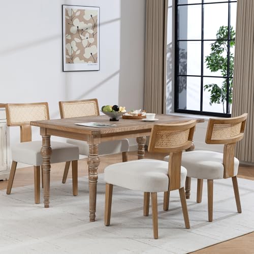 ZJhome Mid-Century Modern Rattan Dining Chairs Set of 4 β Farmhouse Linen Upholstered Accent Chairs with Curved Backrest, Solid Hardwood Frame, and Comfortable Seat for Kitchen & Dining Room β Beige