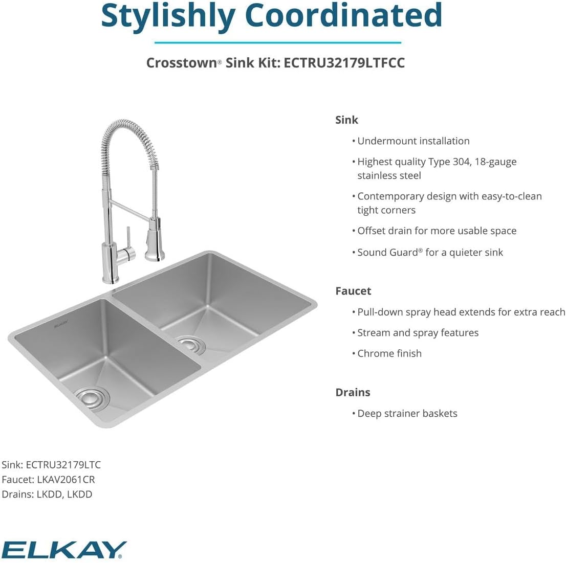 Elkay Crosstown 18 Gauge Stainless Steel 31-1/2" x 18-1/2" x 9" 40/60 Double Bowl Undermount Sink & Faucet Kit with Drain