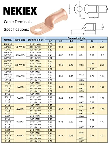 Nekiex 10Pcs 1/0Awg - 1/2'' Heavy Duty Copper Terminals,Battery Cable Crimp Lugs,Battery Cable Ends,Bare Copper Eyelets Tubular Ring Terminals,Closed End Crimp Electric Connectors #TOP5