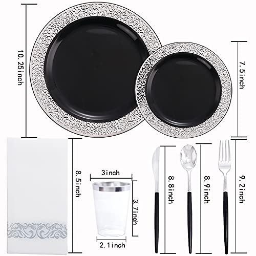 Liyh 350Pcs Silver Plastic Dinnerware Set, Black And Silver Plastic Plates,Plastic Disposable Silverware,Black Graduation Plates With Napkins,Disposable Napkins,Suit For 50 Guests #TOP1
