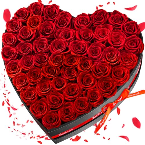 Impouo 50 Forever Flowers, Preserved Rose in Heart Shape Box, Eternal Roses,...