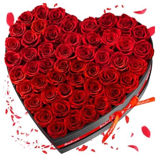Impouo 50 Forever Flowers, Preserved Rose in Heart Shape Box, Eternal Roses, Birthday Gifts for Women, Wife, Her, Mother's Day -Red