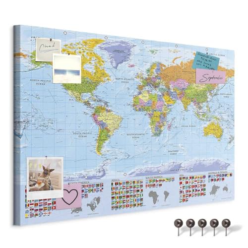 murando - Mapamundi con tablero para clavar chinchetas 90x60 cm - Cuadro en Lienzo estructurado - 1 parte - Panel de Fibra - Mapa del Mundo Continente - k-A-0204-v-a